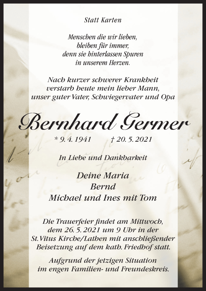  Traueranzeige für Bernhard Germer vom 22.05.2021 aus Neue Osnabrücker Zeitung GmbH & Co. KG