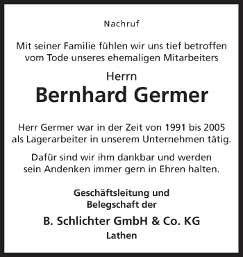 Traueranzeige von Bernhard Germer von Neue Osnabrücker Zeitung GmbH & Co. KG