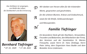 Traueranzeige von Bernhard Tiefringer von Neue Osnabrücker Zeitung GmbH & Co. KG