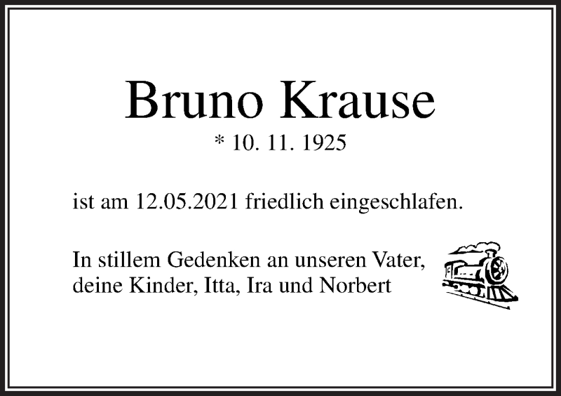  Traueranzeige für Bruno Krause vom 29.05.2021 aus Neue Osnabrücker Zeitung GmbH & Co. KG