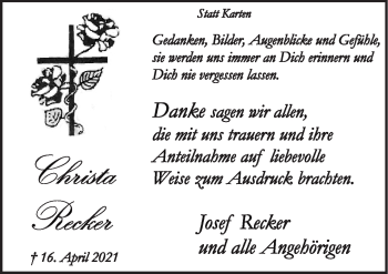 Traueranzeige von Christa Recker von Neue Osnabrücker Zeitung GmbH & Co. KG