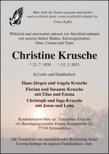 Traueranzeige von Christine Krusche von Neue Osnabrücker Zeitung GmbH & Co. KG