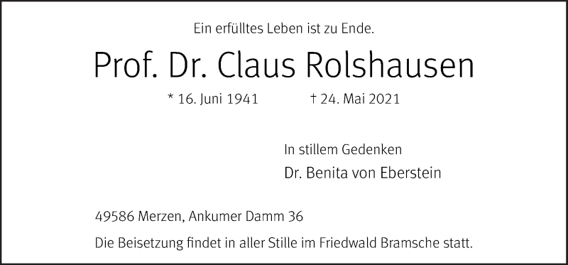  Traueranzeige für Claus Rolshausen vom 28.05.2021 aus Neue Osnabrücker Zeitung GmbH & Co. KG
