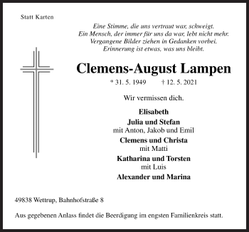 Traueranzeige von Clemens-August Lampen von Neue Osnabrücker Zeitung GmbH & Co. KG