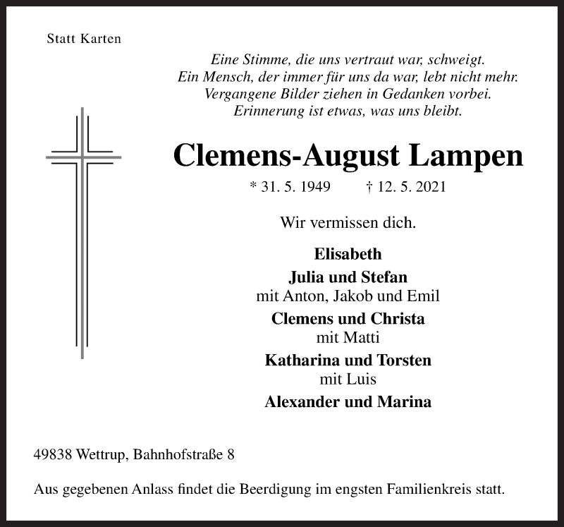  Traueranzeige für Clemens-August Lampen vom 15.05.2021 aus Neue Osnabrücker Zeitung GmbH & Co. KG