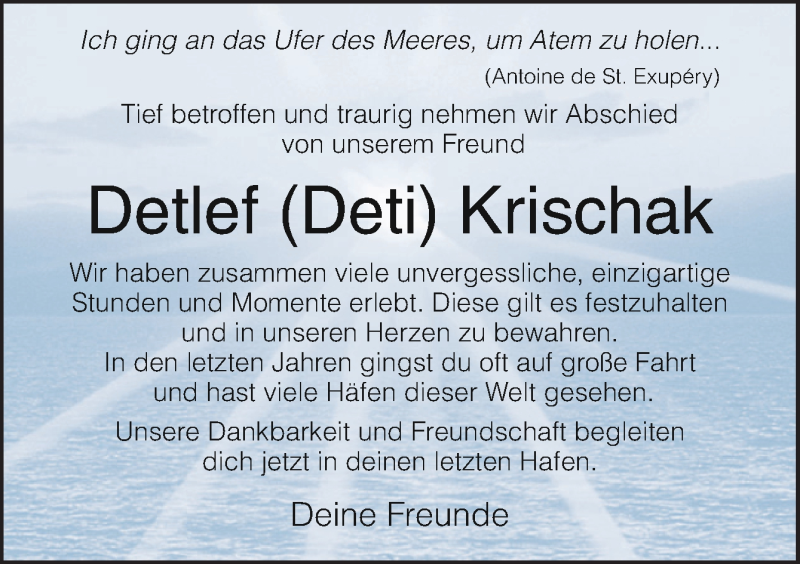  Traueranzeige für Detlef Krischak vom 22.05.2021 aus Neue Osnabrücker Zeitung GmbH & Co. KG
