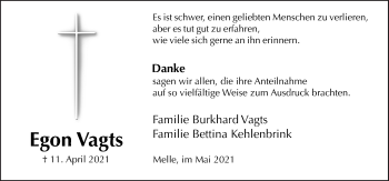 Traueranzeige von Egon Vagts von Neue Osnabrücker Zeitung GmbH & Co. KG