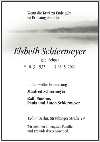 Traueranzeige von Elsbeth Schiermeyer von Neue Osnabrücker Zeitung GmbH & Co. KG