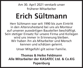 Traueranzeige von Erich Sültmann von Neue Osnabrücker Zeitung GmbH & Co. KG