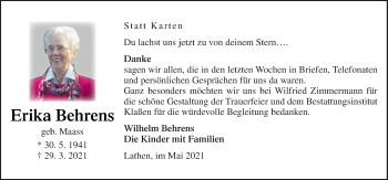 Traueranzeige von Erika Behrens von Neue Osnabrücker Zeitung GmbH & Co. KG