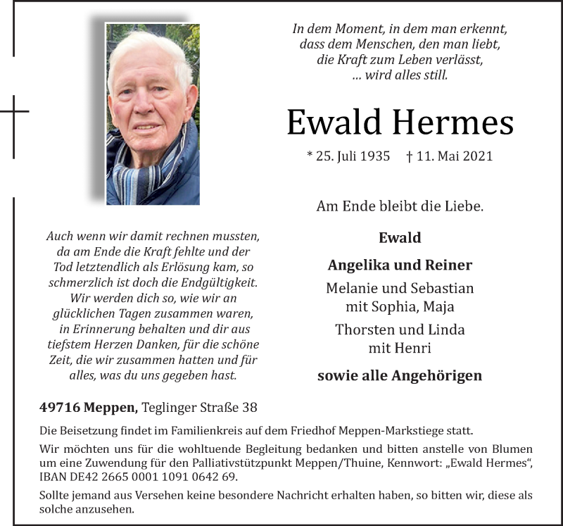  Traueranzeige für Ewald Hermes vom 15.05.2021 aus Neue Osnabrücker Zeitung GmbH & Co. KG