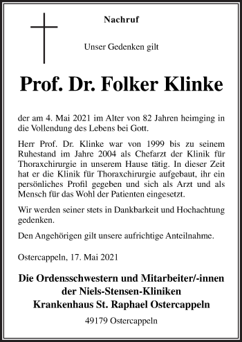 Traueranzeige von Folker Klinke von Neue Osnabrücker Zeitung GmbH & Co. KG