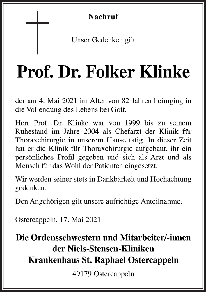  Traueranzeige für Folker Klinke vom 22.05.2021 aus Neue Osnabrücker Zeitung GmbH & Co. KG