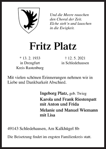 Traueranzeigen von Fritz Platz | noz Trauerportal