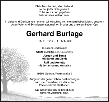 Traueranzeige von Gerhard Burlage von Neue Osnabrücker Zeitung GmbH & Co. KG