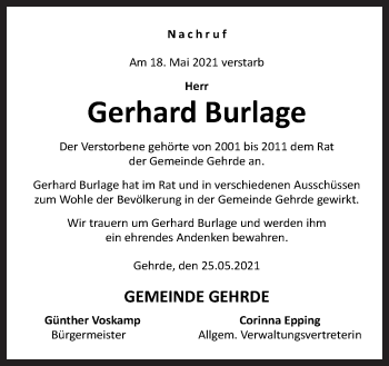 Traueranzeige von Gerhard Burlage von Neue Osnabrücker Zeitung GmbH & Co. KG