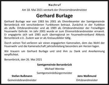 Traueranzeige von Gerhard Burlage von Neue Osnabrücker Zeitung GmbH & Co. KG