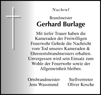 Traueranzeige von Gerhard Burlage von Neue Osnabrücker Zeitung GmbH & Co. KG