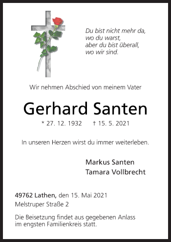 Traueranzeige von Gerhard Santen von Neue Osnabrücker Zeitung GmbH & Co. KG