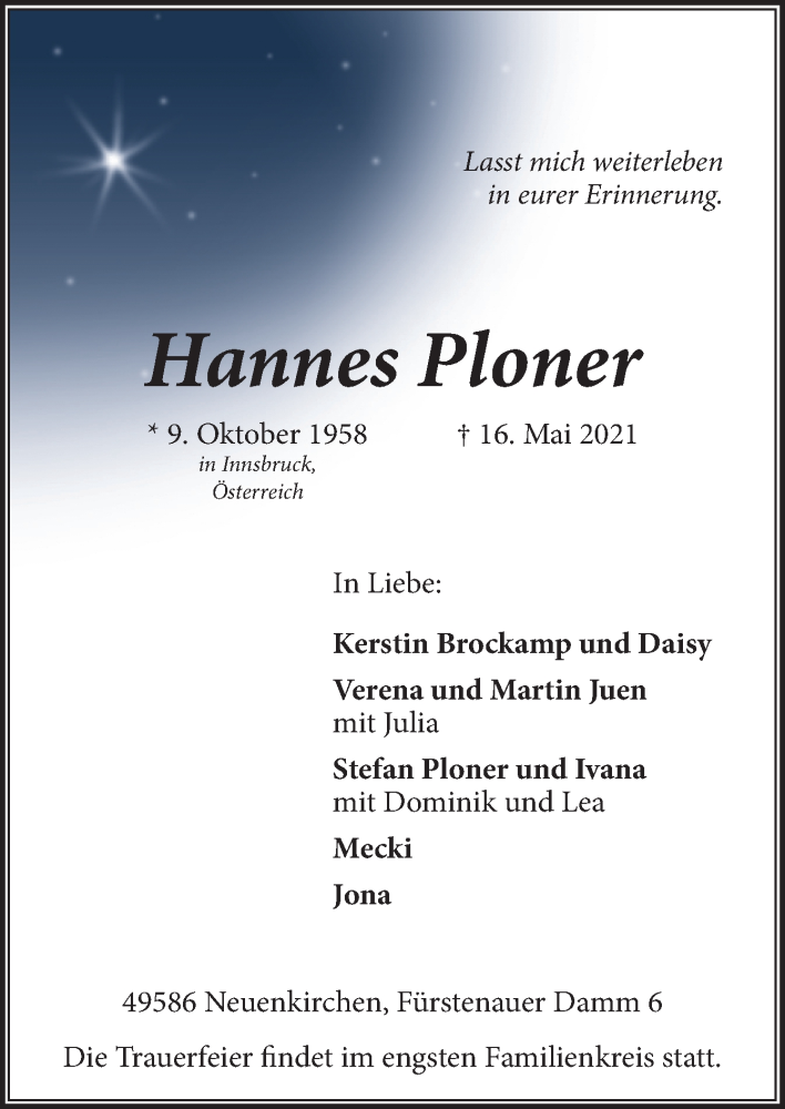  Traueranzeige für Hannes Ploner vom 18.05.2021 aus Neue Osnabrücker Zeitung GmbH & Co. KG