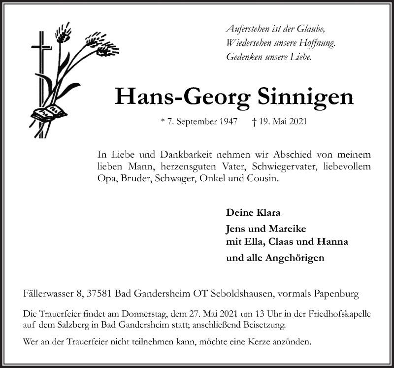  Traueranzeige für Hans-Georg Sinnigen vom 22.05.2021 aus Neue Osnabrücker Zeitung GmbH & Co. KG