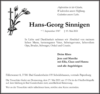 Traueranzeige von Hans-Georg Sinnigen von Neue Osnabrücker Zeitung GmbH & Co. KG