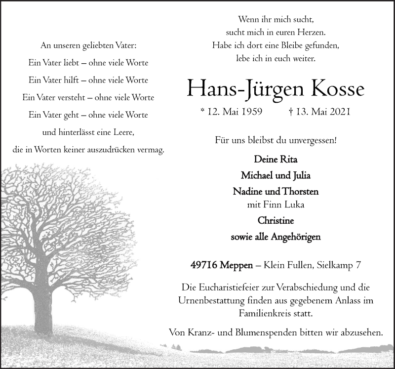  Traueranzeige für Hans-Jürgen Kosse vom 15.05.2021 aus Neue Osnabrücker Zeitung GmbH & Co. KG
