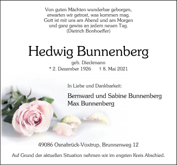 Traueranzeige von Hedwig Bunnenberg von Neue Osnabrücker Zeitung GmbH & Co. KG