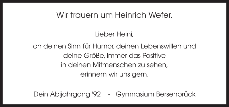  Traueranzeige für Heinrich Wefer vom 11.05.2021 aus Neue Osnabrücker Zeitung GmbH & Co. KG