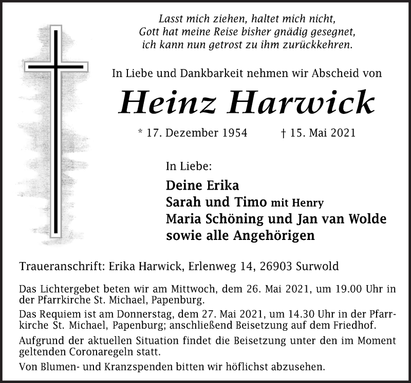  Traueranzeige für Heinz Harwick vom 18.05.2021 aus Neue Osnabrücker Zeitung GmbH & Co. KG