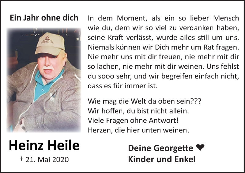  Traueranzeige für Heinz Heile vom 21.05.2021 aus Neue Osnabrücker Zeitung GmbH & Co. KG