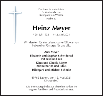 Traueranzeige von Heinz Meyer von Neue Osnabrücker Zeitung GmbH & Co. KG