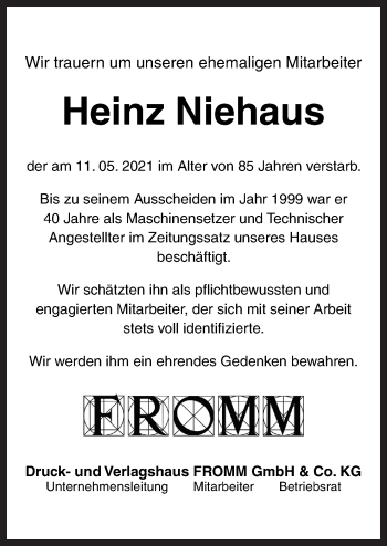 Traueranzeige von Heinz Niehaus von Neue Osnabrücker Zeitung GmbH & Co. KG