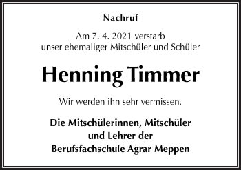 Traueranzeige von Henning Timmer von Neue Osnabrücker Zeitung GmbH & Co. KG