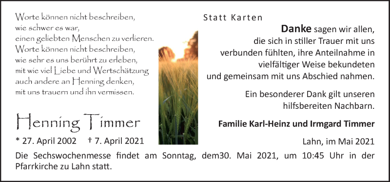  Traueranzeige für Henning Timmer vom 26.05.2021 aus Neue Osnabrücker Zeitung GmbH & Co. KG