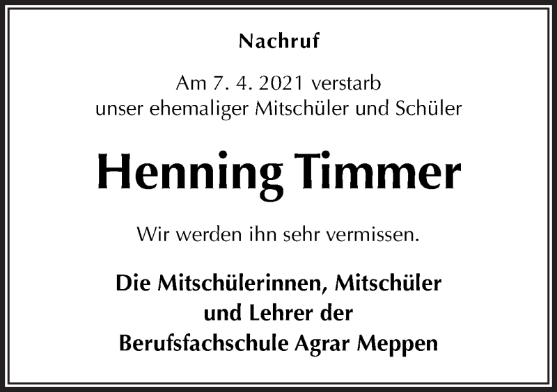  Traueranzeige für Henning Timmer vom 20.05.2021 aus Neue Osnabrücker Zeitung GmbH & Co. KG
