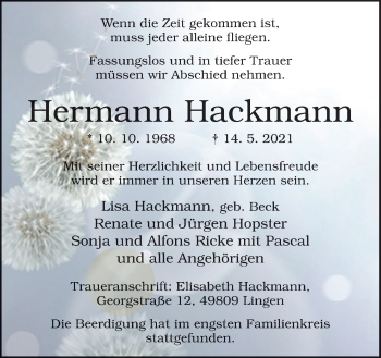 Traueranzeige von Hermann Hackmann von Neue Osnabrücker Zeitung GmbH & Co. KG