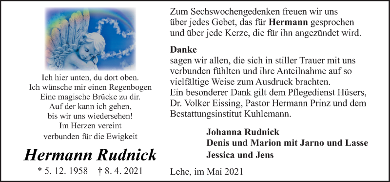  Traueranzeige für Hermann Rudnick vom 19.05.2021 aus Neue Osnabrücker Zeitung GmbH & Co. KG