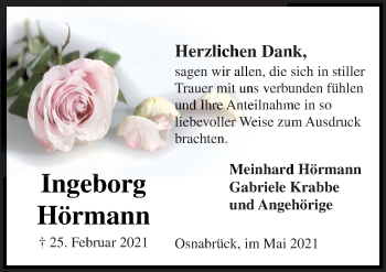Traueranzeige von Ingeborg Hörmann von Neue Osnabrücker Zeitung GmbH & Co. KG