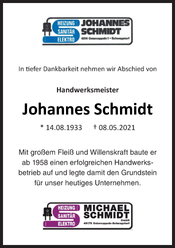 Traueranzeige von Johannes Schmidt von Neue Osnabrücker Zeitung GmbH & Co. KG