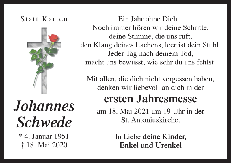  Traueranzeige für Johannes Schwede vom 15.05.2021 aus Neue Osnabrücker Zeitung GmbH & Co. KG