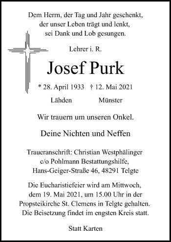 Traueranzeige von Josef Purk von Neue Osnabrücker Zeitung GmbH & Co. KG