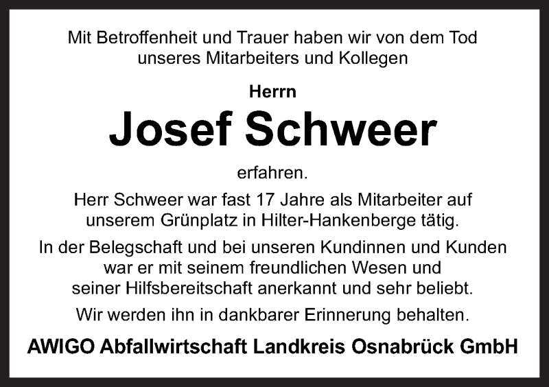  Traueranzeige für Josef Schweer vom 22.05.2021 aus Neue Osnabrücker Zeitung GmbH & Co. KG