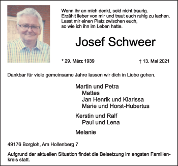 Traueranzeige von Josef Schweer von Neue Osnabrücker Zeitung GmbH & Co. KG