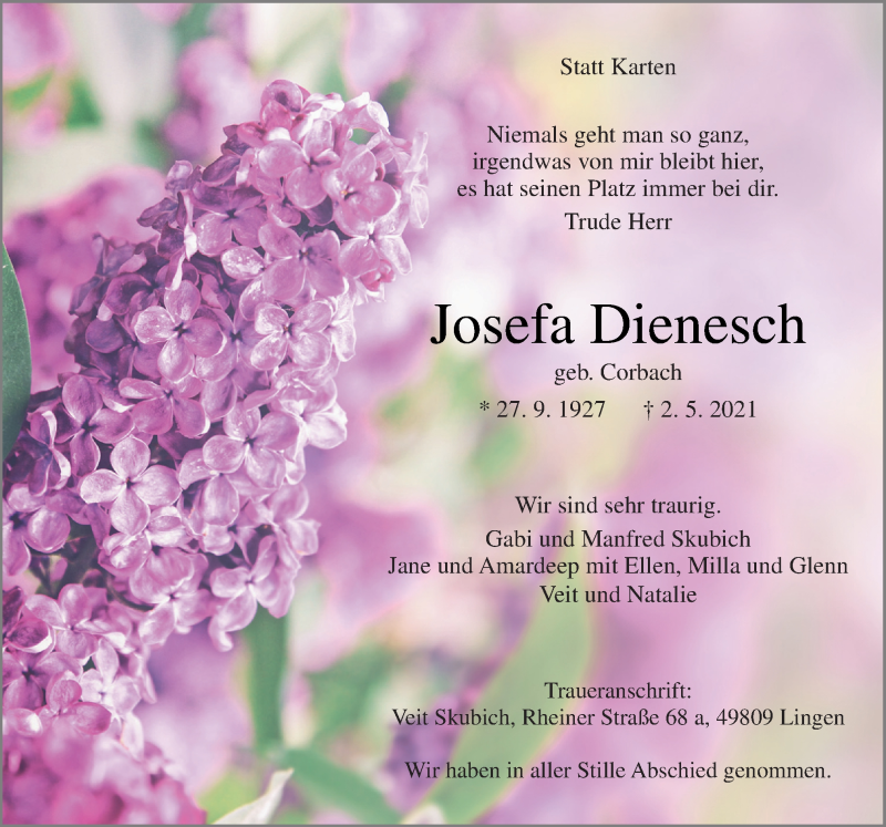  Traueranzeige für Josefa Dienesch vom 29.05.2021 aus Neue Osnabrücker Zeitung GmbH & Co. KG