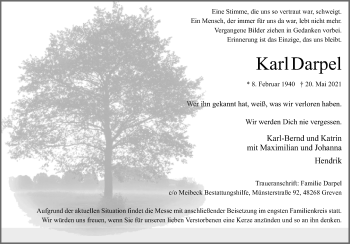 Traueranzeige von Karl Darpel von Neue Osnabrücker Zeitung GmbH & Co. KG