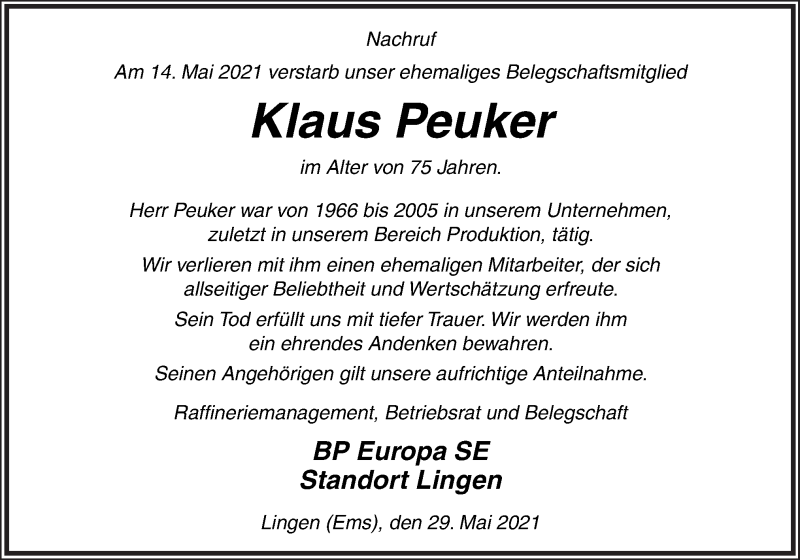  Traueranzeige für Klaus Peuker vom 29.05.2021 aus Neue Osnabrücker Zeitung GmbH & Co. KG