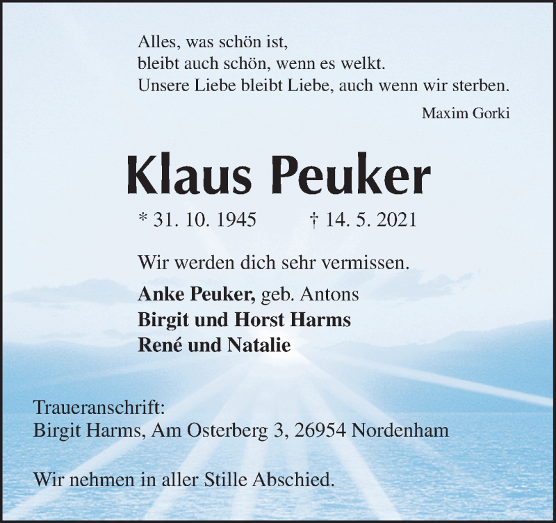  Traueranzeige für Klaus Peuker vom 22.05.2021 aus Neue Osnabrücker Zeitung GmbH & Co. KG