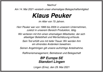 Traueranzeige von Klaus Peuker von Neue Osnabrücker Zeitung GmbH & Co. KG