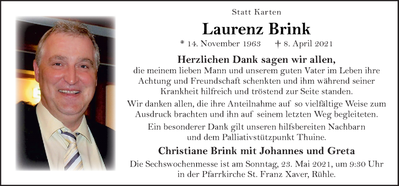  Traueranzeige für Laurenz Brink vom 19.05.2021 aus Neue Osnabrücker Zeitung GmbH & Co. KG